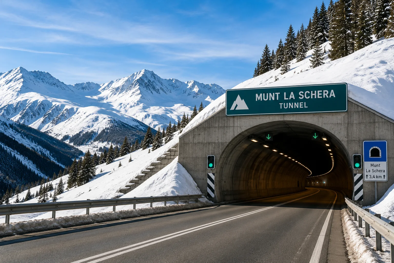 Ilustracyjne przedstawienie tunelu Munt La Schera na drodze do Livigno